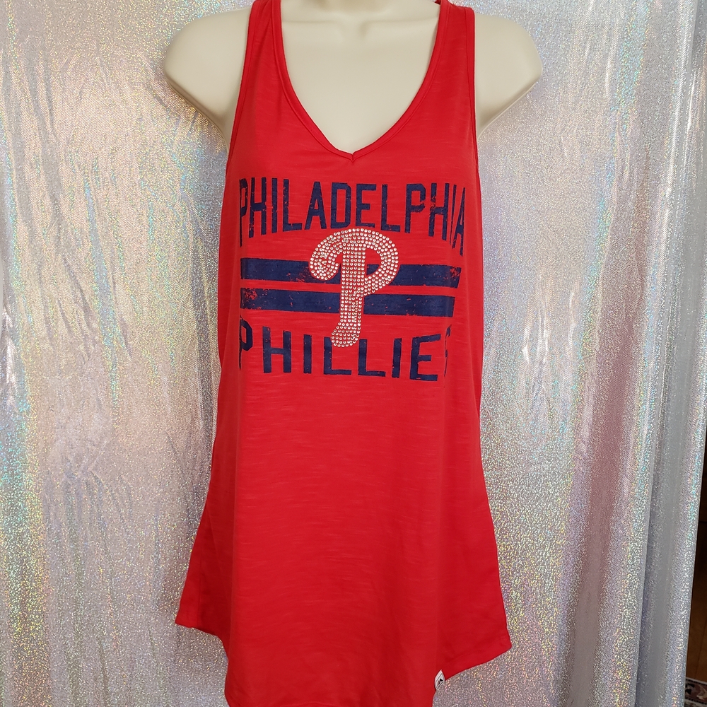 Majestic Red Philadelphia Phillies Tank Top with Navy and Rhinestone Logo